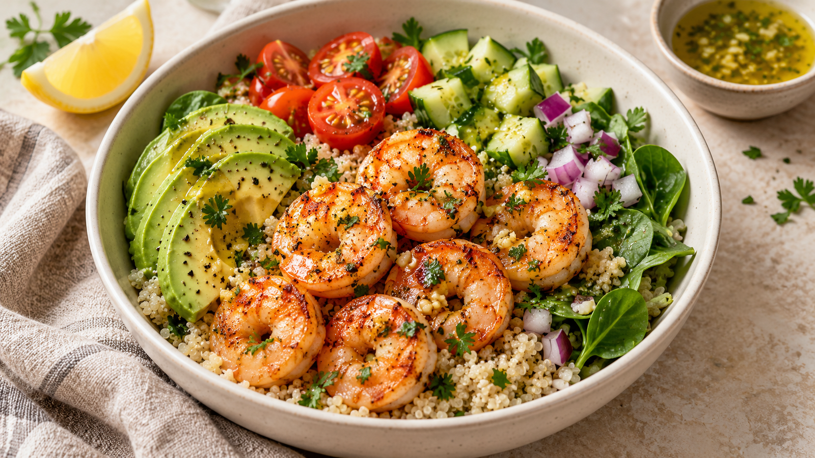 Shrimp quinoa bowl with avocado, cucumber, cherry tomatoes, spinach, and lemon garlic dressing